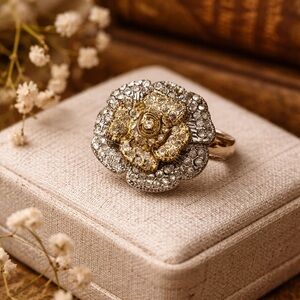 Vintage Two-Tone Crystal Floral Ring | Ornate Statement | Antique Boutique Find